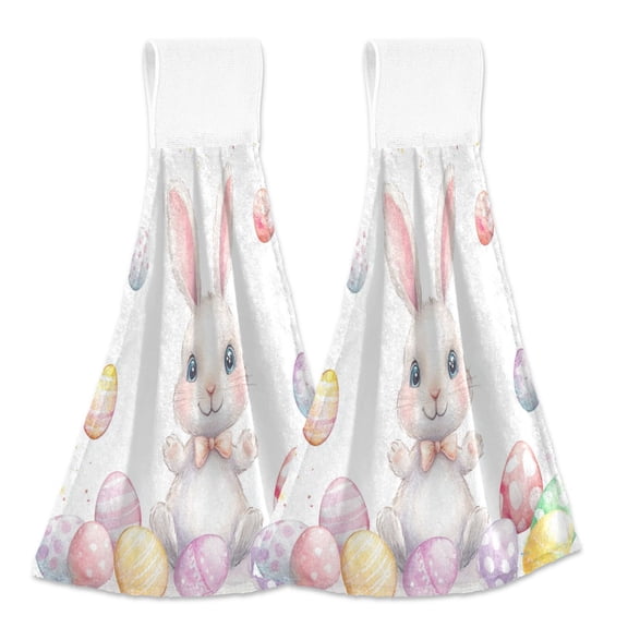 2pcs Kitchen Hanging Towels Bathroom Hanging Towels Velcro Soft Hand Towel Absorbent Tie Towels for Kitchen Toilet Tea Bar Washcloth Decor Cartoon Easter Bunny and Eggs