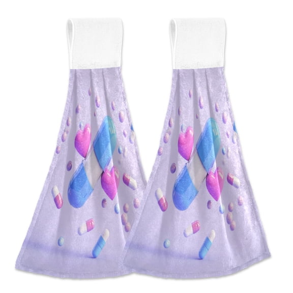 2pcs Kitchen Hanging Towels Bathroom Hanging Towels Velcro Soft Hand Towel Absorbent Tie Towels for Kitchen Toilet Tea Bar Washcloth Decor Colorful Pills