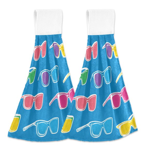 2pcs Kitchen Hanging Towels Bathroom Hanging Towels Velcro Soft Hand Towel Absorbent Tie Towels for Kitchen Toilet Tea Bar Washcloth Decor Colorful Sunglasses