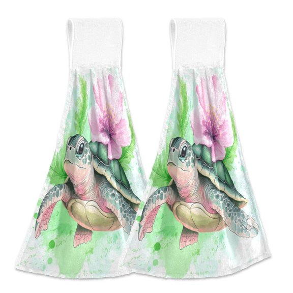 2pcs Kitchen Hanging Towels Bathroom Hanging Towels Velcro Soft Hand Towel Absorbent Tie Towels for Kitchen Toilet Tea Bar Washcloth Decor Cute Turtle