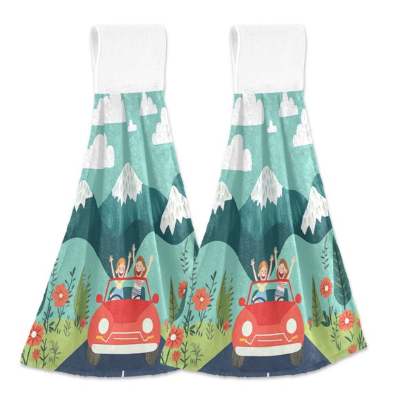 2pcs Kitchen Hanging Towels Bathroom Hanging Towels Velcro Soft Hand Towel Absorbent Tie Towels for Kitchen Toilet Tea Bar Washcloth Decor Green Mountains and Blue Sky