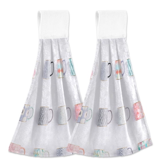 2pcs Kitchen Hanging Towels Bathroom Hanging Towels Velcro Soft Hand Towel Absorbent Tie Towels for Kitchen Toilet Tea Bar Washcloth Decor Grid Of Coffee Mugs