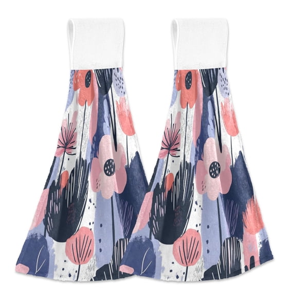 2pcs Kitchen Hanging Towels Bathroom Hanging Towels Velcro Soft Hand Towel Absorbent Tie Towels for Kitchen Toilet Tea Bar Washcloth Decor Navy Blue Abstract Flowers