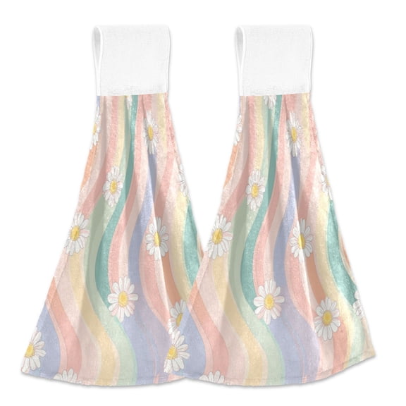 2pcs Kitchen Hanging Towels Bathroom Hanging Towels Velcro Soft Hand Towel Absorbent Tie Towels for Kitchen Toilet Tea Bar Washcloth Decor Pastel Rainbow Colors Pattern