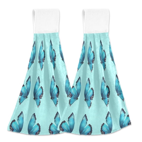 2pcs Kitchen Hanging Towels Bathroom Hanging Towels Velcro Soft Hand Towel Absorbent Tie Towels for Kitchen Toilet Tea Bar Washcloth Decor Turquoise Blue Butterfly Pattern