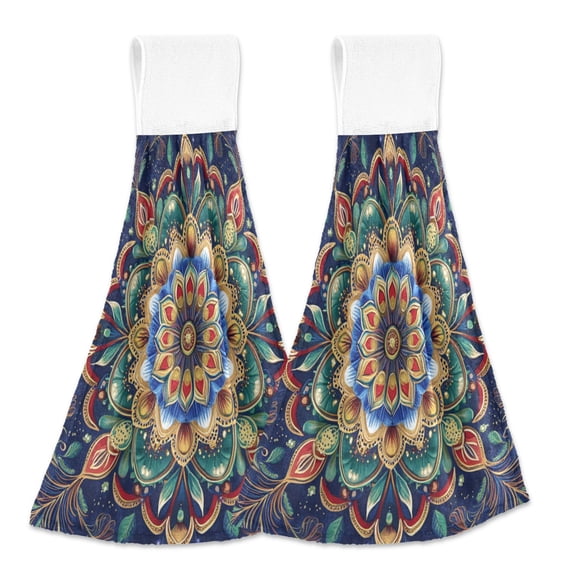 2pcs Kitchen Hanging Towels Bathroom Hanging Towels Velcro Soft Hand Towel Absorbent Tie Towels for Kitchen Toilet Tea Bar Washcloth Decor Vibrant Mandala Pattern