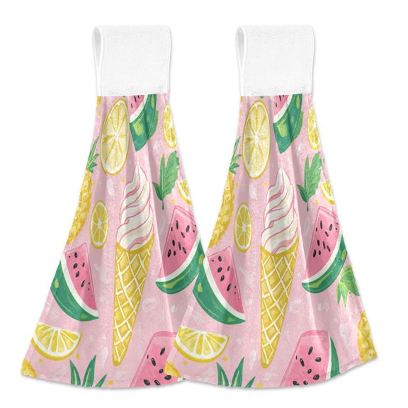 2pcs Kitchen Hanging Towels Bathroom Hanging Towels Velcro Soft Hand Towel Absorbent Tie Towels for Kitchen Toilet Tea Bar Washcloth Decor Watermelon Pineapple