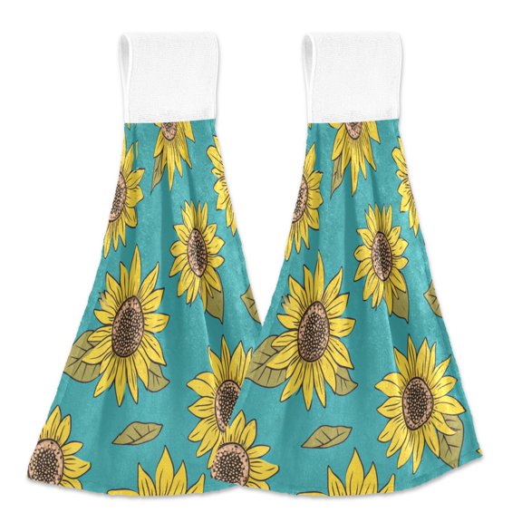 2pcs Kitchen Hanging Towels Bathroom Hanging Towels Velcro Soft Hand Towel Absorbent Tie Towels for Kitchen Toilet Tea Bar Washcloth Decor Yellow Sunflowers Pattern