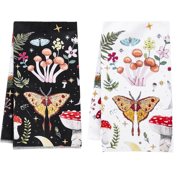 2pcs Kitchen Towels,Dish Towels for Kitchens,Kitchen Towels and Dishcloths Sets,Kitchen Hand Towels,Absorbent Tea Towels, Kitchen Decor and Accessories(Mushroom Moth, 18x26 inch)