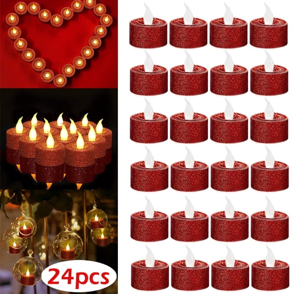 2pcs Red Color LED Tea Lights Battery Operated Glitter Flameless Flickering Electric Fake Votive Tea Light Candles for Party Decoration