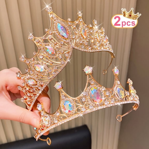 2pcs LEMON LOVE Glitter Golden and Multicolor Party Crowns for Women - Sparkling Rhinestone Tiara Headbands for Birthdays, Costume Parties - All-Season Fashion Accessories Gift for Girl
