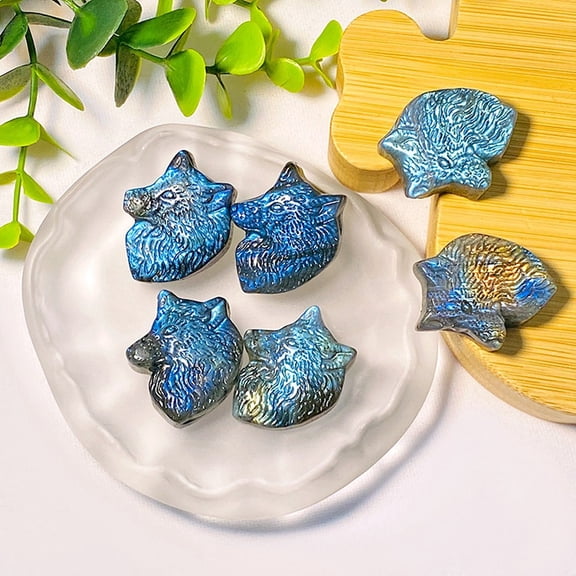 2pcs Labradorite Carved Wolf Head Figurines Reiki Stone Display Decorations 35x30mm