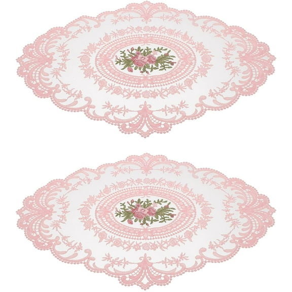 2pcs Lace Doilies Milk Silk Embroidered Table Placemats Heat Resistant Table Mats Placemats Table Topper for Wedding Birthday Dinner Party Decor 16 x 11'' Pink