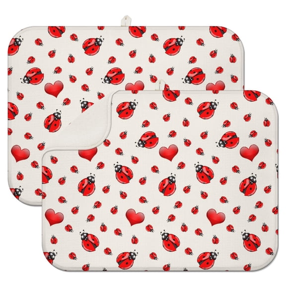 2pcs Ladybug Print Kitchen Drying Mat, Super Absorbent Microfiber Dish Drying Pad with 3-Layer Heat Resistant Design, Cute Cartoon Ladybird Countertop Mat for Dishes
