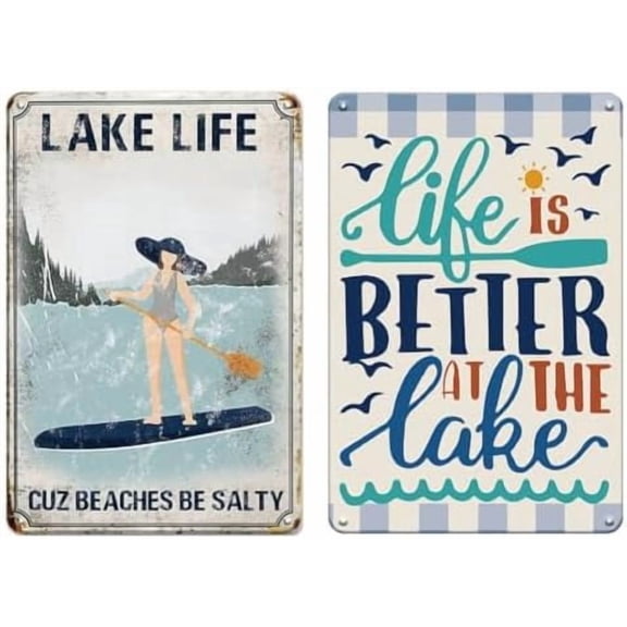 2pcs Lake House Decor Sign for The Home - Life Is Better At The Lake, Metal Tin Sign Vintage for Lake House, Outside, Beach and Fish Wall Art Decor Accessories, 8 x 12 inch