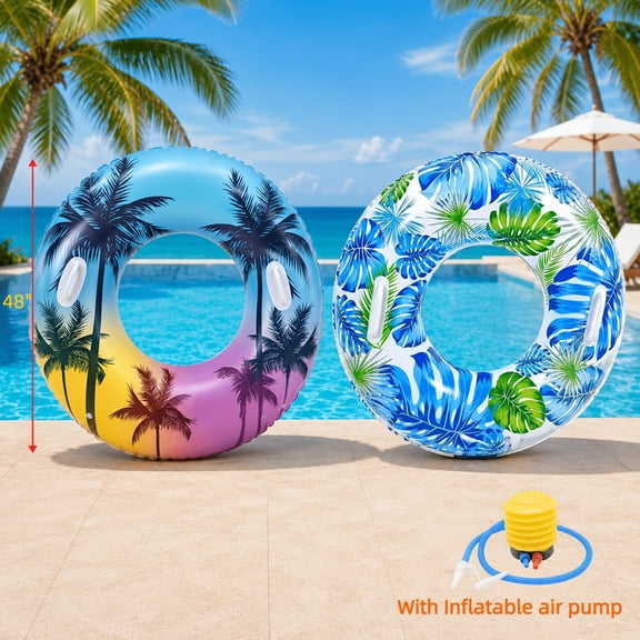 2pcs Large Adult Float Tube 48 Inches Hawaii Inflatable Pool Ring Floats with Inflatable Air Pump, Single Sided Printing Inflatable Pool Tube Swimming Ring for Adults Summer Beach