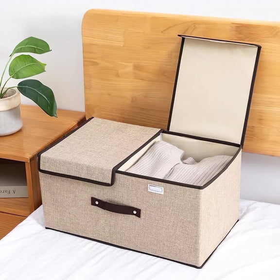 2pcs Large Collapsible Storage Bins 20 inches with Lids and Compartments, Foldable Linen Fabric Organizing Containers for Clothes, Cube Organizers for Home Closet Storage
