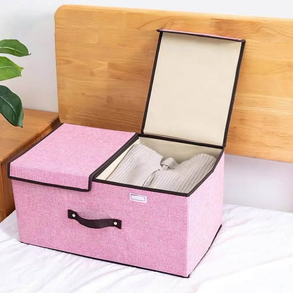 2pcs Large Collapsible Storage Bins 20 inches with Lids and Compartments, Foldable Linen Fabric Organizing Containers for Clothes, Cube Organizers for Home Closet Storage