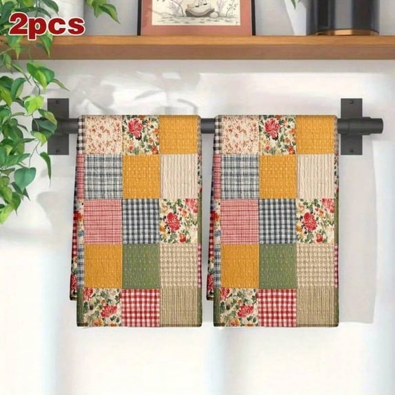 2pcs Large Patchwork Kitchen Towels, Microfiber, Plaid Gingham Floral ...