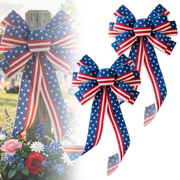 2pcs Large Patriotic 4th of July Fabric Decor Bow, Red White Blue Star & Stripe Wreath Bow, Indoor Outdoor Front Door Tree Topper Ornament for Independence Day, Memorial Day and Veteran’s Day