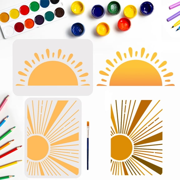 2pcs Large Sun Ray Stencils 8.311.7inch Boho Sun Stencils Rising Sun Stencil with Paint Brush