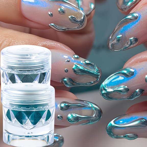 2pcs Laser Magic Mirror Chrome Nail Powder Blue Reflective Shiny Metallic Effect Glitter Dust Kit
