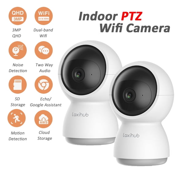 2pcs Laxihub 2K 3MP PTZ Indoor Wifi Camera,Home Security Camera, Baby Monitor Camera,AI Detection, Dog Puppy Camera, 360° View by App, Clear Night Vision, SD/Cloud Storage,Up to 256G