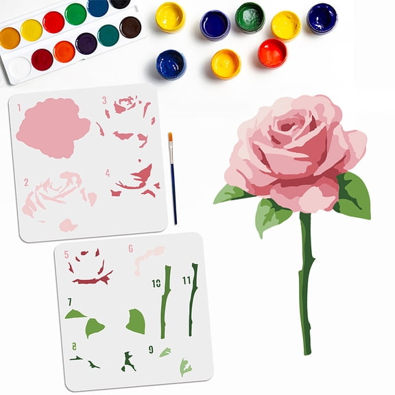 2pcs Layered Rose Flower Stencils 11.811.8inch Romantic Rose Leaves Templates with Paint Brush Love Rose Branch