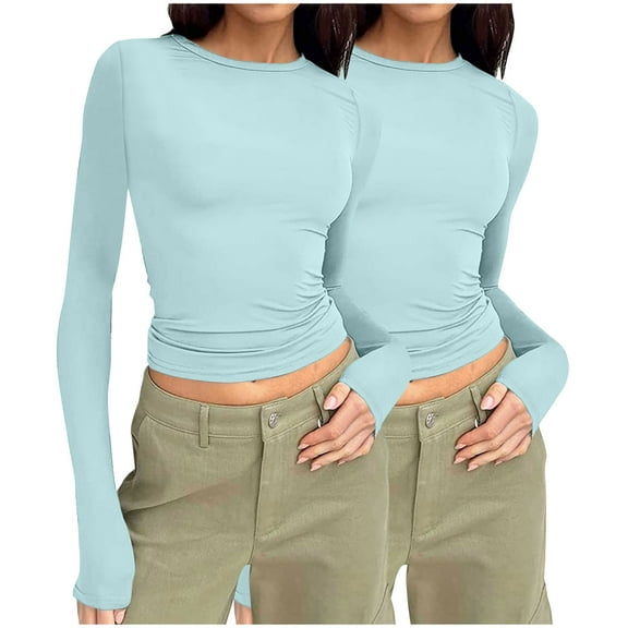 2pcs Layering Shirts for Women Long Sleeve Women's Tops Crew Neck Underwear Shirts Solid Color Close Fitting Seamless Tummy Control Stretch Fitted Womens Top Effortless Matching