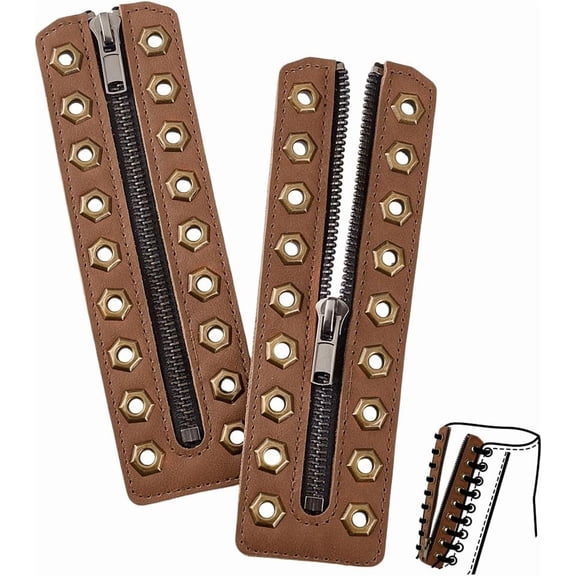 2pcs Leather Lace-In Zipper Inserts 6.9x2 Inch 9 Metal Eyelets Cowhide Shoe Laces Zippers Tieless Shoe Laces for DIY Adults No-Tie Shoelaces for DIY Shoes Repair DIY Camel