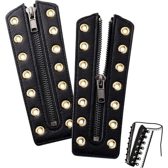2pcs Leather Lace-in Boot Zipper Inserts 6.3 x 2.2 Inch Cowhide Tieless Shoe Laces Eyelets Zipper Boot Laces Black 7 Holes DIY Golden