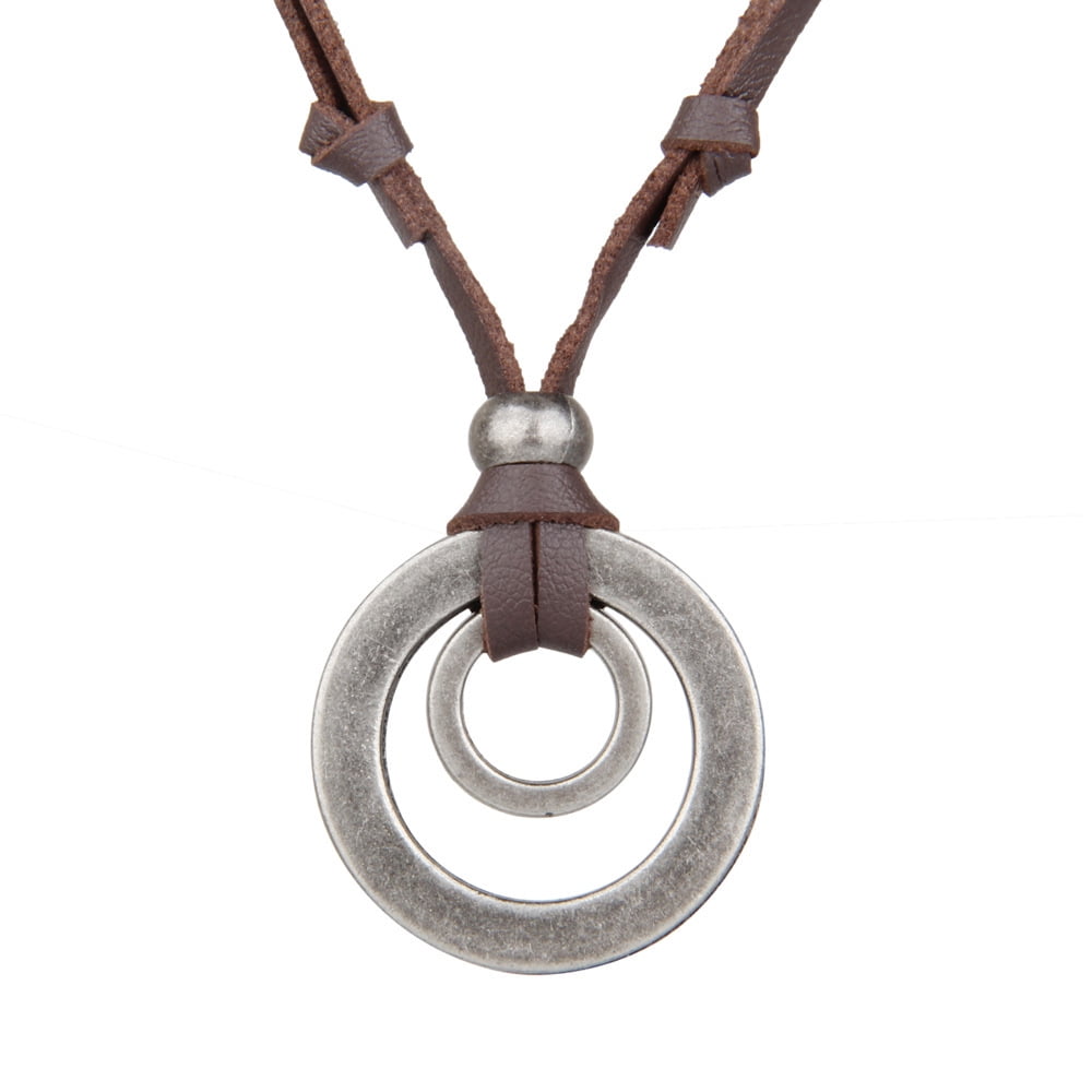2pcs Leather Necklace for Men Double Circle Rings Leather Rope Pendant Necklace Punk Leather Chain Disc Ring Necklace Vintage Jewelry Gift