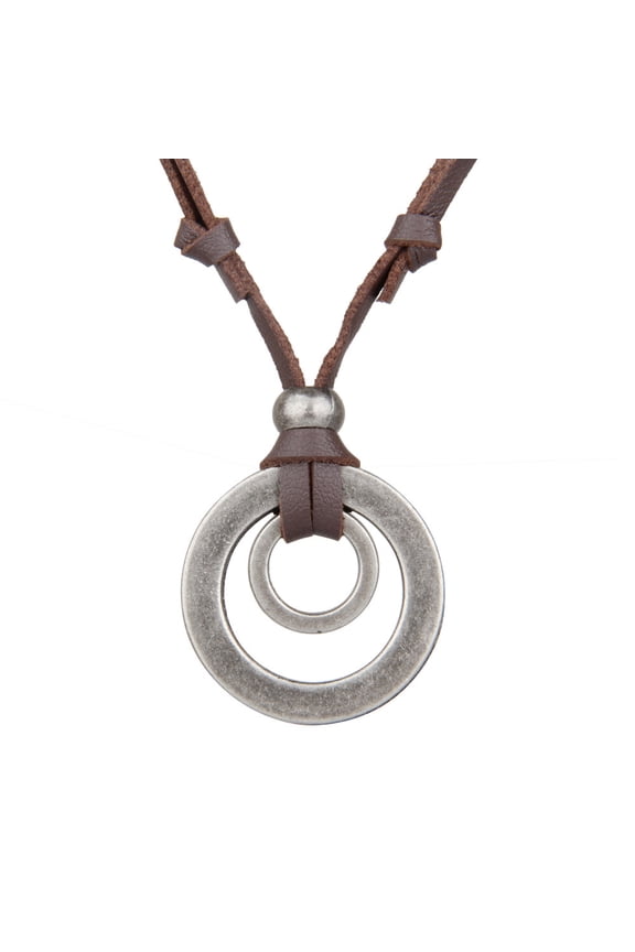 2pcs Leather Necklace for Men Double Circle Rings Leather Rope Pendant Necklace Punk Leather Chain Disc Ring Necklace Vintage Jewelry Gift