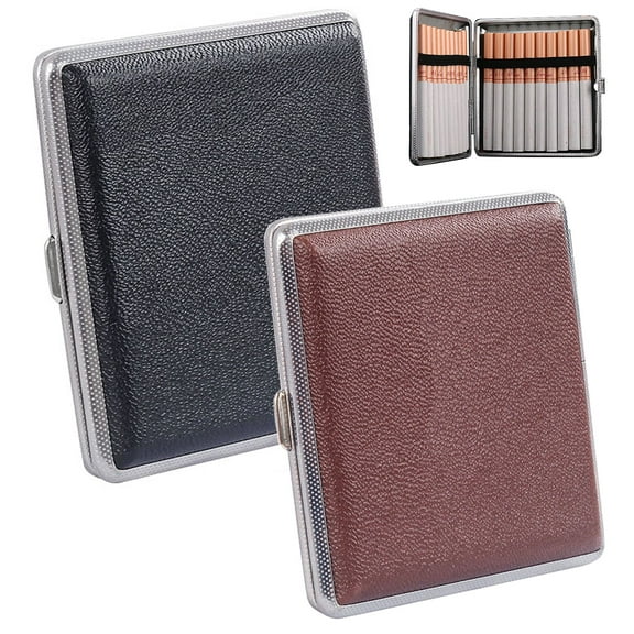 2pcs Leather-Wrapped Metal Cigarette Case, Holds 20 Cigarettes, Portable & Reusable Hard Shell Box for Men and Women
