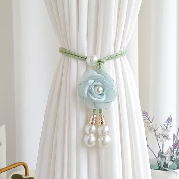 2pcs Light Luxury Flower Curtain Straps with Artificial Pearl Pendant - Adjustable Curtain Clips for Elegant Home Dcor Compatible with Standard Curtain Rods