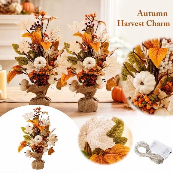 2pcs,Lighted Fall Table Tree Decor, Fall Decorations for Home,Timer Battery Powered, Neutral Harvest Pumpkins, Rustic Cozy Autumn Desk Decor, Farmhouse Thanksgiving Tabletop Centerpiece