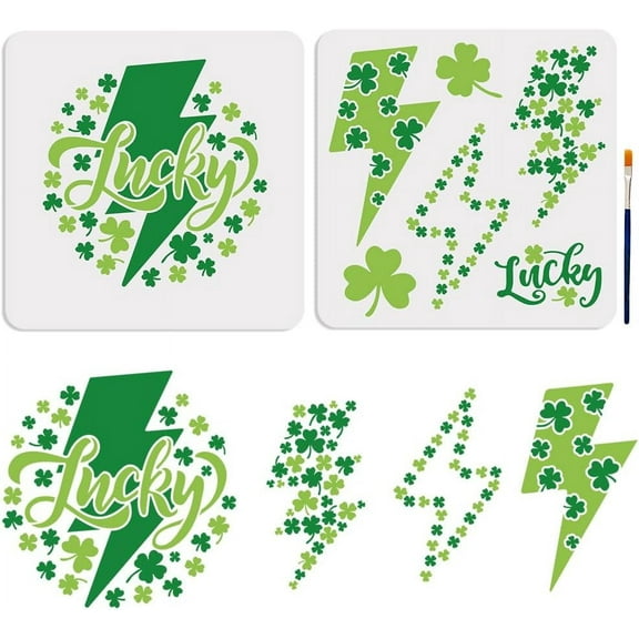 2pcs Lightning Lucky Clover Stencils 11.811.8inch Large Reusable Lucky Shamrock Clover Drawing Templates with Paint Brush for St. Patrick's Day Decor and DIY Art Craft colorful