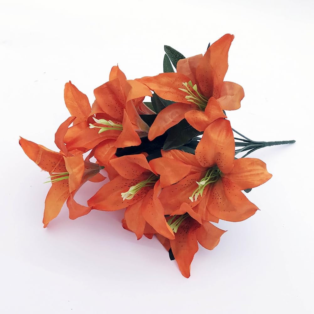 2pcs Lily Bouquet Flowers 10 Heads Real Touch Faux Lilies Flowers Dark Orange Tiger Lily Artificial Flower with Long Stem for Bridal, Wedding, Table Centerpiece, Flower Arrangement