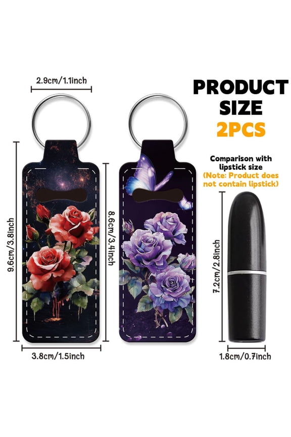 2pcs Lipstick Holder Keychain Roses Butterfly Lip Balm Holders Elastic Diving Fabric Lipstick Keychain Portable Lipsticks Holder Bags Chapstick Sleeve Key Ring Holders