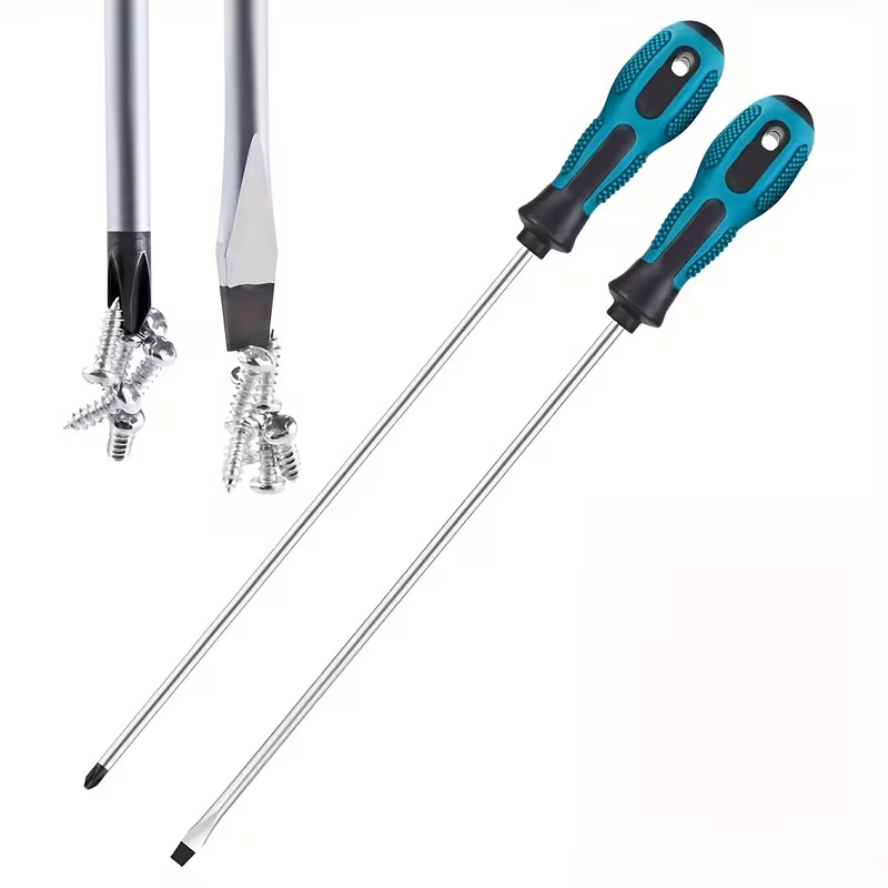 2pcs Long Phillips & Flathead Screwdrivers, Magnetic Tip with Non-Slip Rubber Handle, Ultra-Long Shaft for Tight Spaces