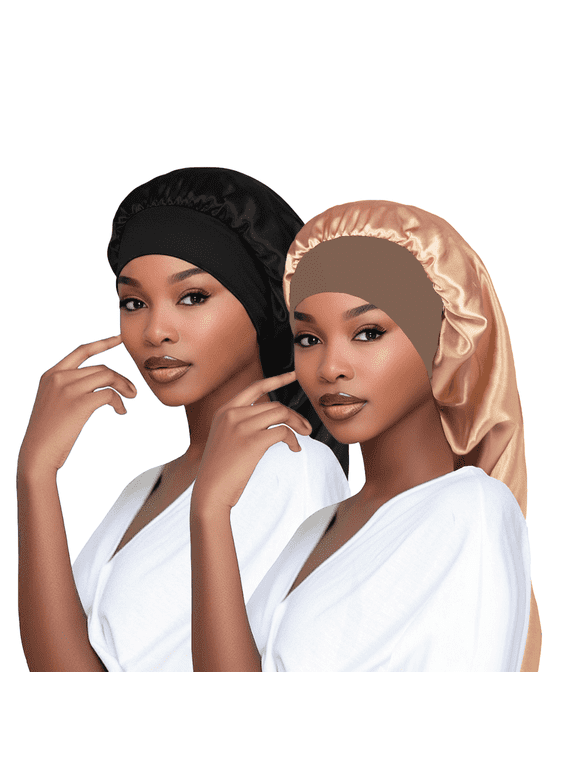 2pcs Long Satin Bonnets with Tie Band, Large Braid Bonnet Silky Hair Cap for Locs Women Sleeping
