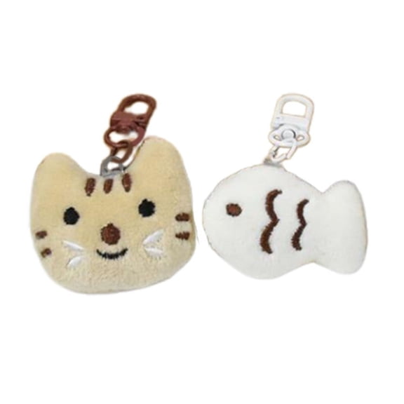 2pcs Lovely Little Cat and Fish Plush Toy Keychain Backpack School Bag Pendant Keyring Phone Chain Friend Couple Gift