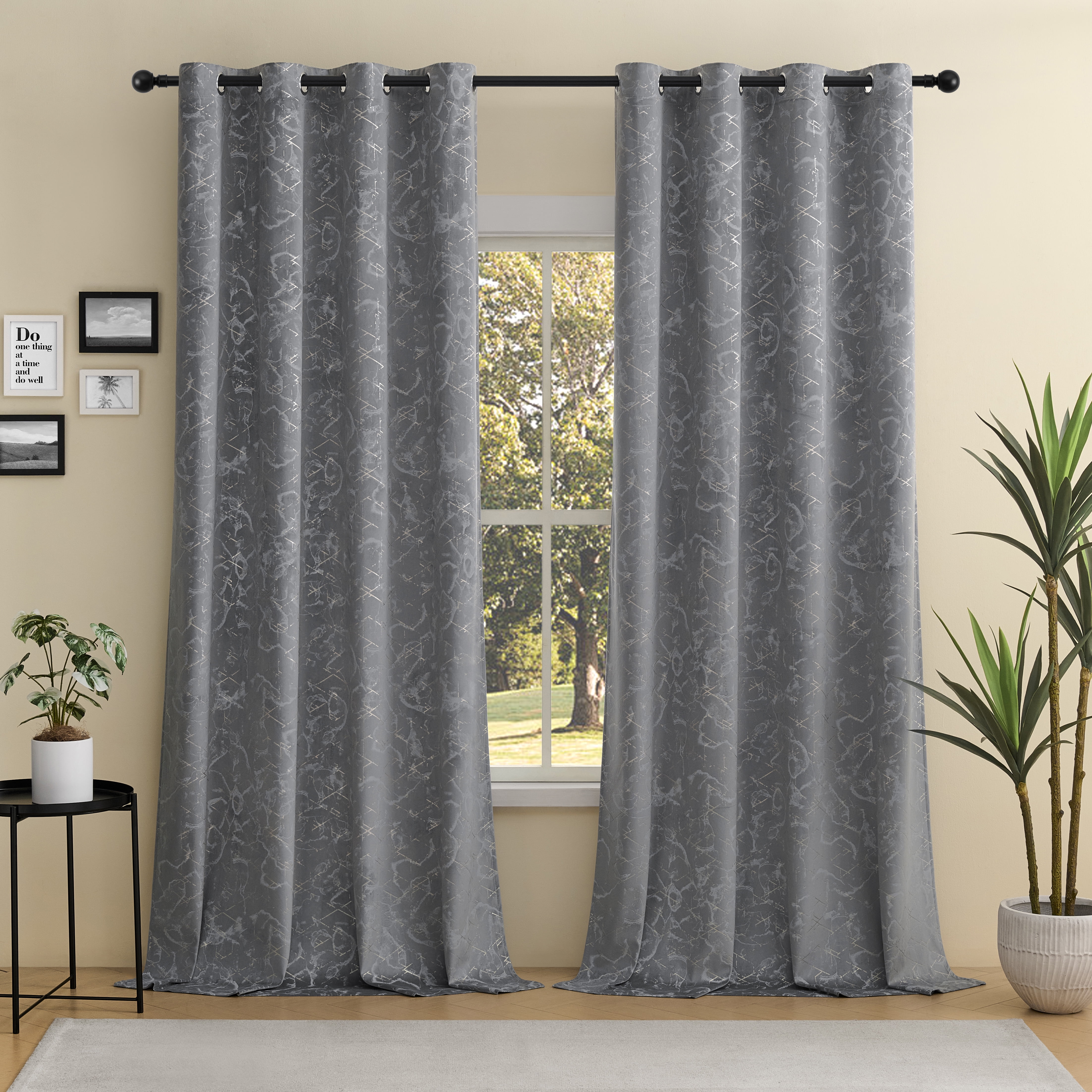 Mumo Luxury Gray Velvet Curtains with Gold Foil Print Shiny Geometric Line Pattern,Grommet Blackout Curtains for Living Room Bedroom,2 Panels,52"×63"