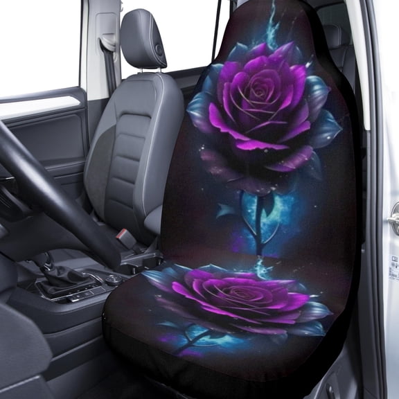 2pcs Luxury Purple Rose & Blue Night Sky Print Car Seat Covers, Black Background, No Padding Universal Fit for Cars SUVs Trucks, Easy Install Durable Stylish Floral Starry Auto Interior Decor
