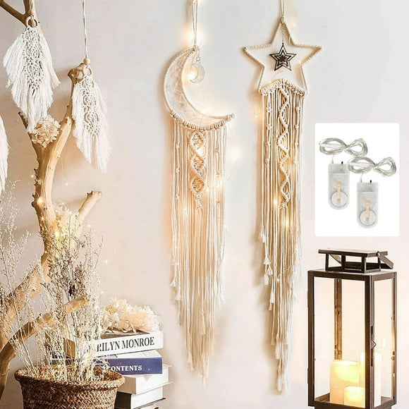2pcs Macrame Woven Wall Hanging Tapestry with Light, EEEkit Moon/Star Dream Catcher Wall Hanging, Boho Chic Bohemian Home Decor Handmade Woven Cotton for Teenagerss Room Wedding Ornament Craft Gift