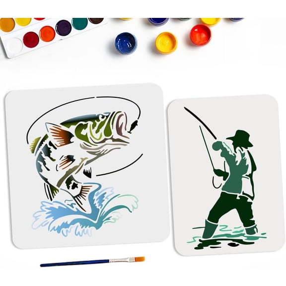 2pcs Man Fishing Stencil 11.811.8/11.78.3in Summer Fish Stencil Template with Paint Brush