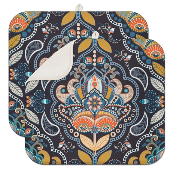 2pcs Mandala Inspired Drying Pad Heat Resistant Non-Slip Microfiber Mat for Dishes and Glassware
