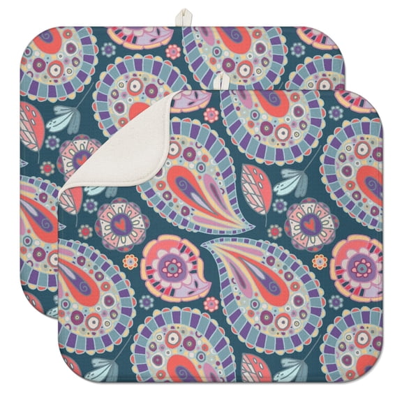 2pcs Mandala Inspired Paisley Kitchen Mat, Super Absorbent Microfiber Drying Pad, Boho Floral Dish Mat, Heat Resistant & Foldable