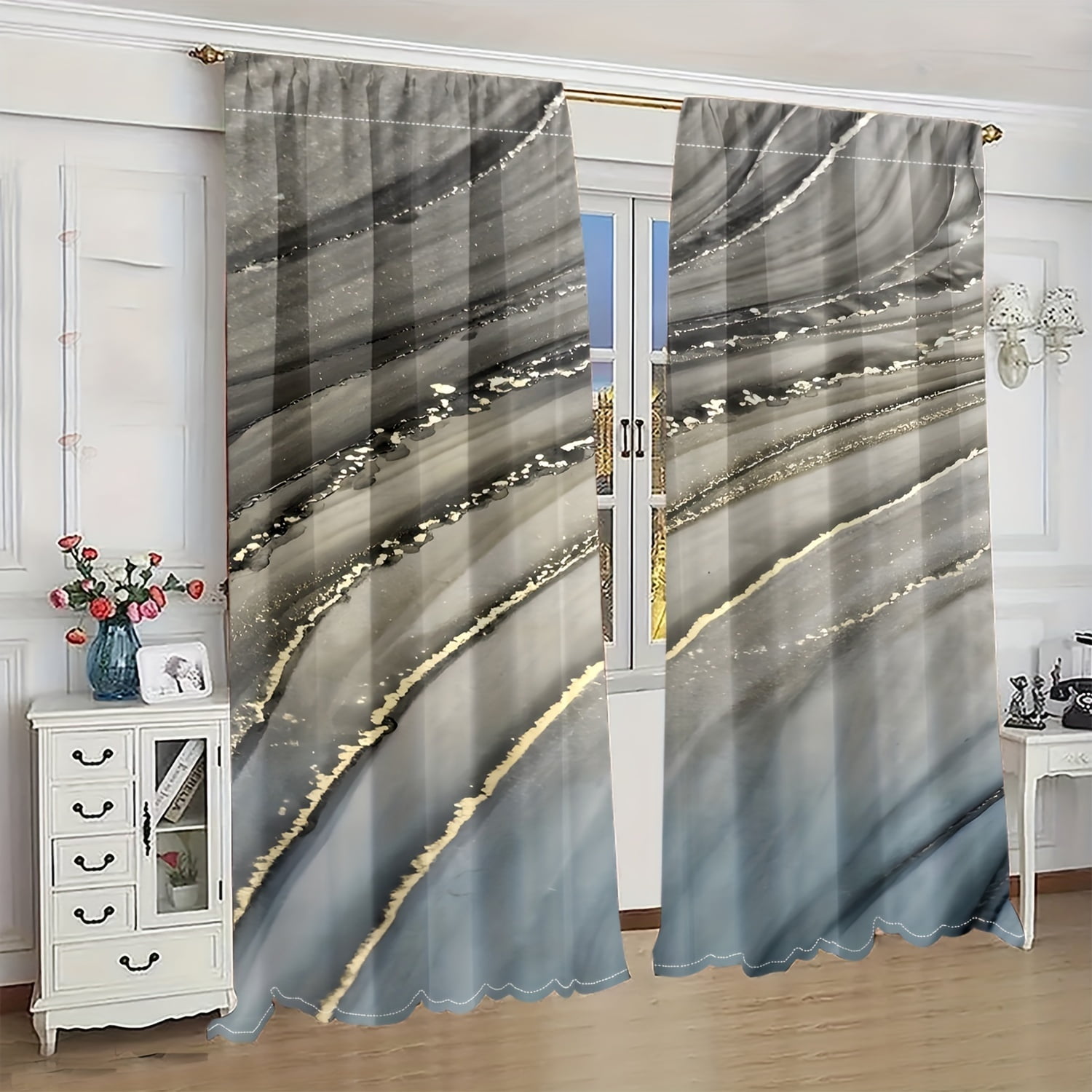 2pcs Marble Textured Digital Printed Curtain Rod Pocket Living Room and