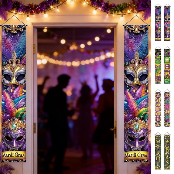 2pcs Mardi Gras Carnival Hanging Flags & Banners - Fade-Resistant Vibrant Festive Party Atmosphere Couplets, Durable Holiday Decor, Perfect Mardi Gras & Celebration Essential, 11.8*70.8in, B